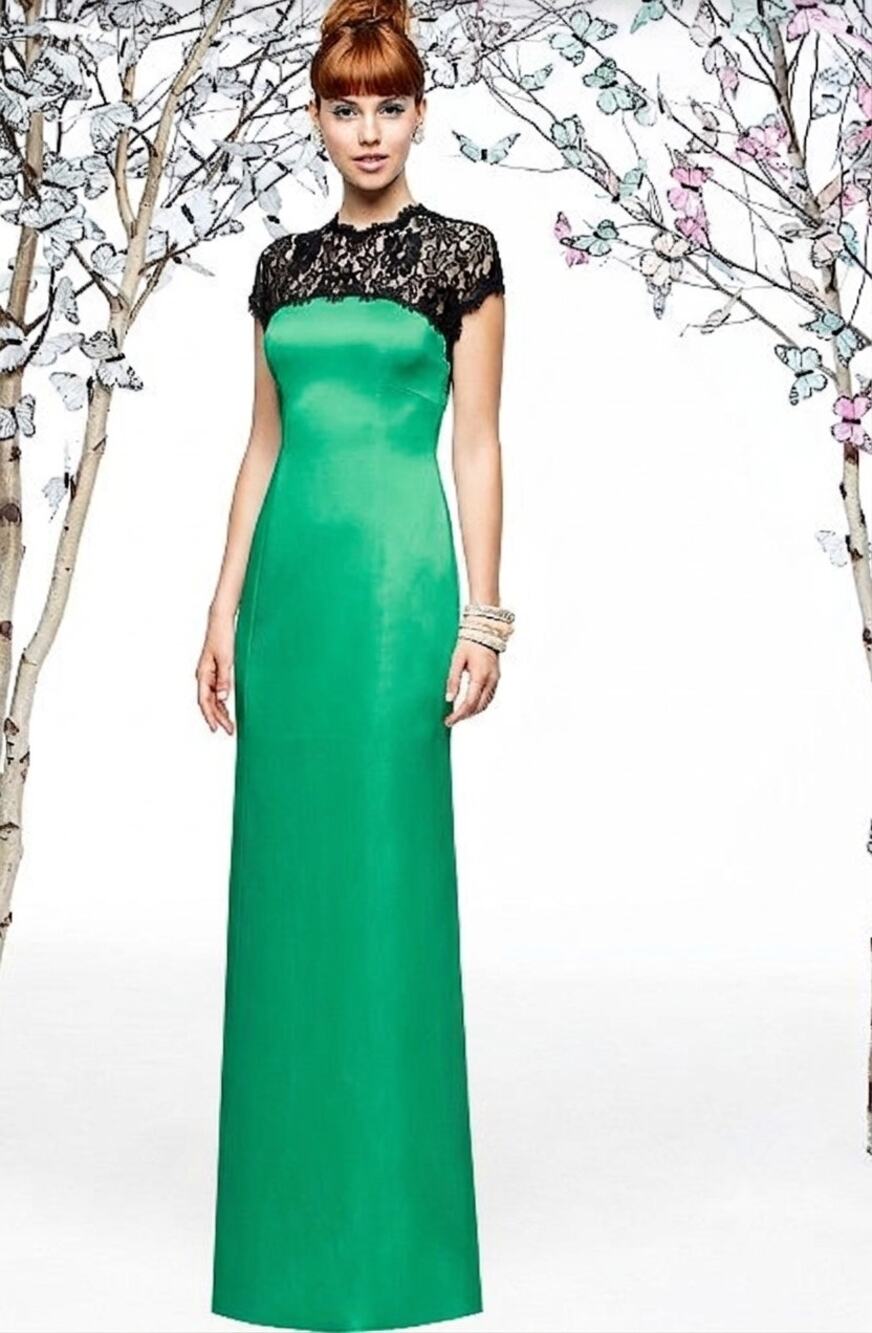 Lela Rose Green Satin Black Lace Formal Gown Size 12 LX196 Shamrock Maxi Dress